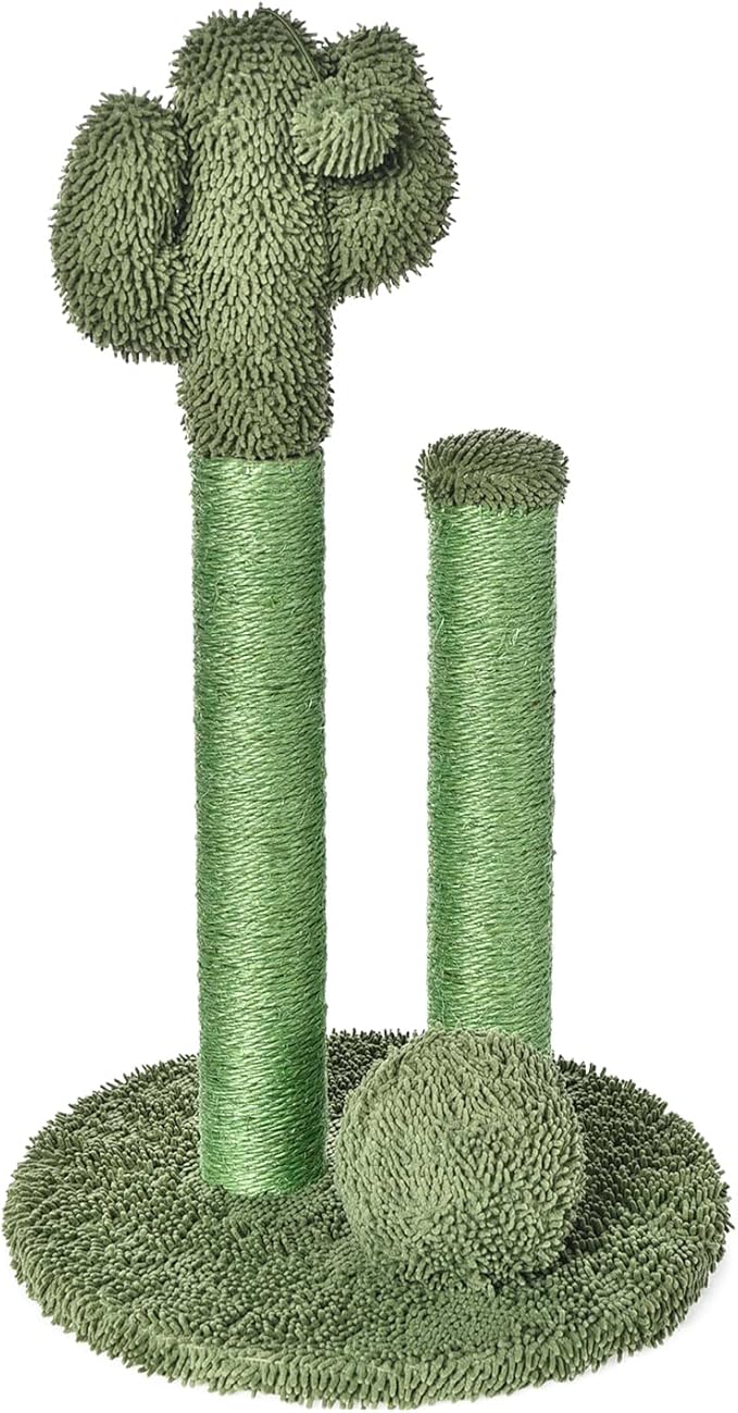 Amazon Basics Cactus Cat Scratching Post with Three Posts and Dangling Ball, Sisal and Carpet, Small, 22.44" Tall, Green