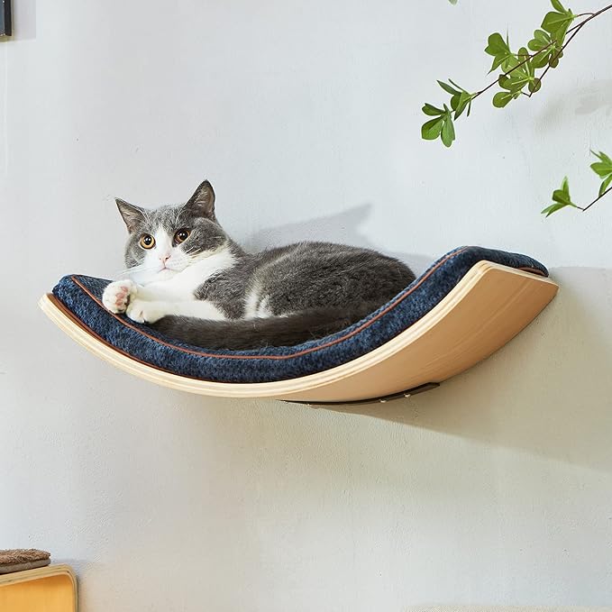 Cat Shelf with Comfortable Cat Cushion - Curved Modern Cat Bed (Large Size) - Lotus Leaf Design Cat Wall Perch - Wall Mounted Cat Furniture for Sleeping, Playing, Climbing, and Lounging