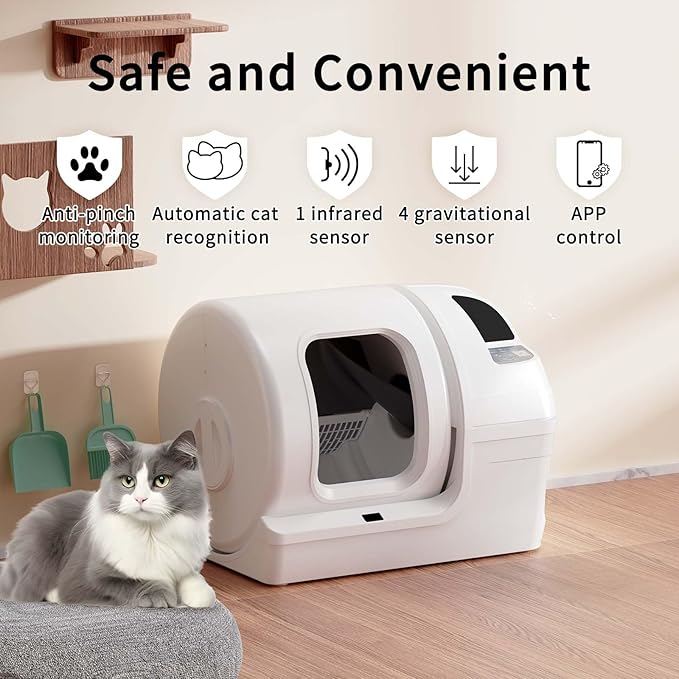 Automatic Cat Litter Box Self Cleaning - UPFAS 100L Extra Large Cat Litter Box with APP Control & Safe Alert & Smart Health Monitor, Odor Removal Cat Litter Box for Multiple Cats, White
