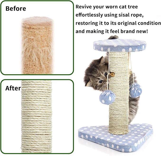 White Sisal Rope 1/4 Inch by 164-Feet for Cat Scratching Post Tree Tower Replacement Repair and Replace, DIY Hemp Twine for Kittens Shelves Furniture Window Bed Climbing Scratch Carpet, 6mm by 50m