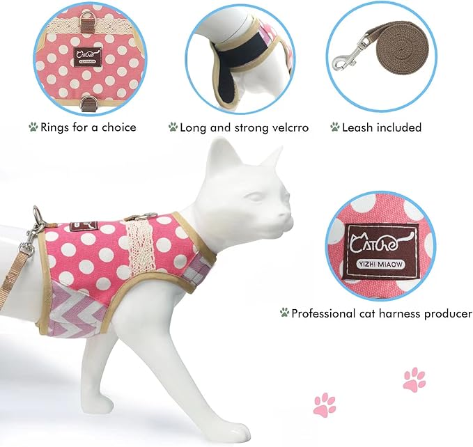 Cat Harness and Leash for Walking Escape Proof, Adjustable Cat Vest Harness, Padded Stylish Cat Walking Jackets, Polka Dot Pink, Small