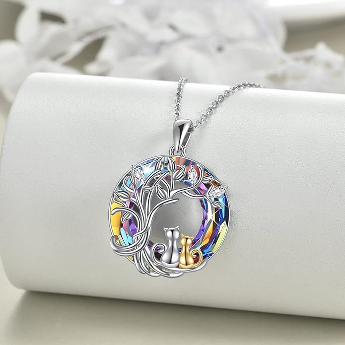 925 Sterling Silver Moon Black Cat Necklace for Women - Tree of Life Jewelry with Abalone Stone - Cat Lover Birthday Gift