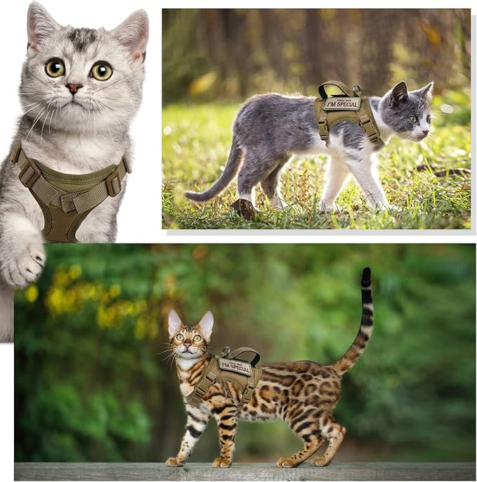 Tactical Cat Harness for Walking Escape Proof, Soft Mesh Adjustable Pet Vest Harness for Large Cat,Small Dog (Medium, Khaki)