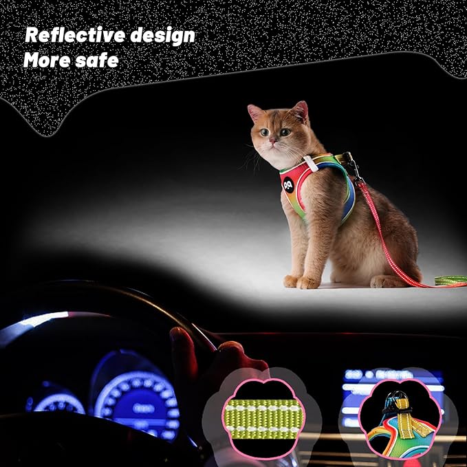 Cat Vest Harness Leash Set: Escape Proof & Reflective Kitten Soft Mesh Vest for Small Medium Large Puppy Pets Walking Hiking and Traveling(XSmall,Multi-Colored)