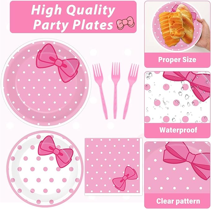 200 PCS Pink Cat Party Supplies Cute Cat Birthday Paper Plates and Napkins Tableware Set Cats Dinner Dinner Dessert Plates Decorations for Birthday Baby Shower Cute Bow Party Favors for 50 Guests