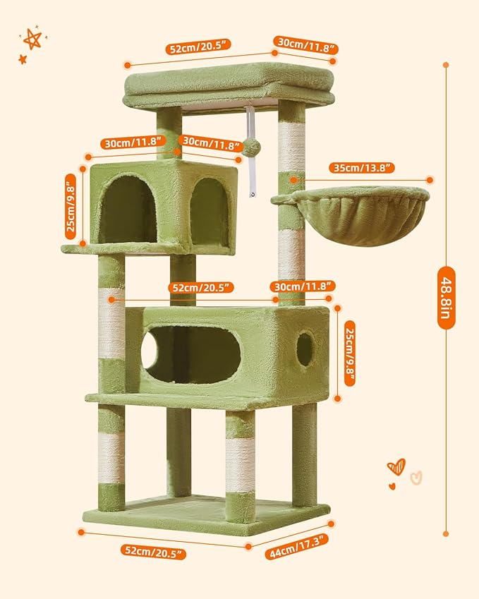 Taoqimiao Cat Tree,48.8-Inch Cat Tower for Indoor Cats,2 Luxurious cat condo with Adjustable Large Hanging Baskets and Large Luxurious Perch Green MS029LGR