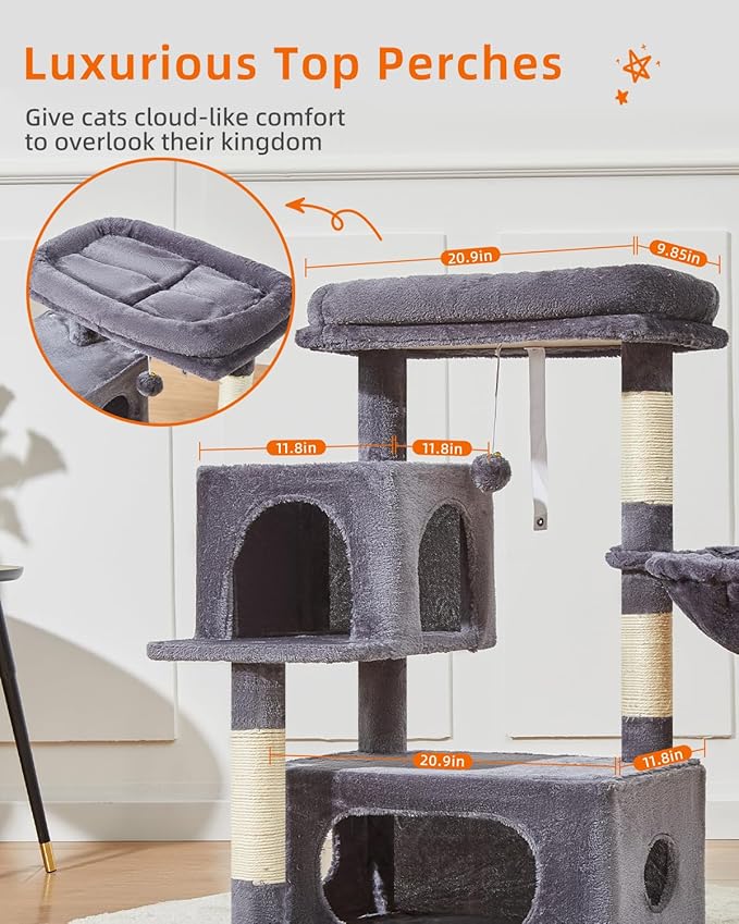 Taoqimiao Cat Tree,37.8-Inch Cat Tower for Indoor Cats,2 Luxurious cat condo with Adjustable Large Hanging Baskets and Large Luxurious Perch Smoky Gray MS029G