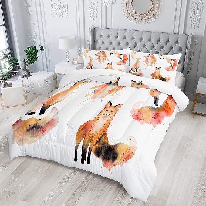 AILONEN Fox Comforter Set - Full Size, Cute Fox Quilt for Teen Girls & Kids, Animal Pattern Printed Superior Kids Bedding Set, Microfiber Fabric, 3 Piece Set (1 Comforter & 2 Pillowcases)