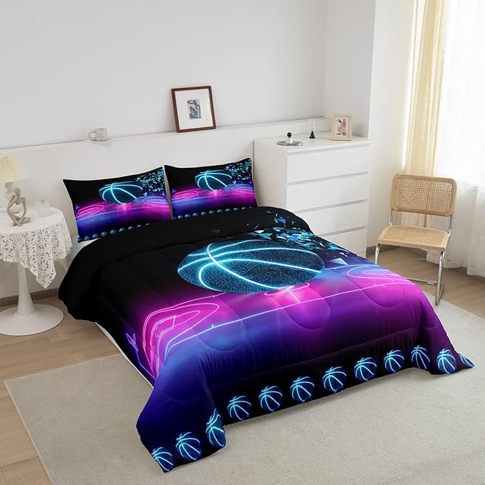 Basketball Comforter Set Twin Size Neon Sport Bedding Set For Kids Boys Girls Teens Blue Purple Gradient Glowing Basketball Down Comforter Room Decor Lightweight 1 Pillow Case Duvet Insert