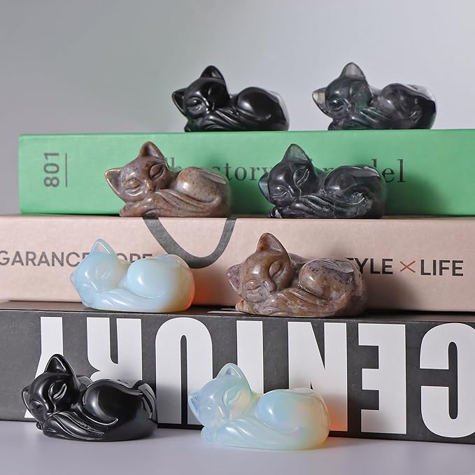 2" Sleeping Cat Statue Black Obsidian Healing Crystals Hand Carved Cute Kitten Figurine, Worry Stone for Anxiety Relif Home Desk Decor Animal Figurine