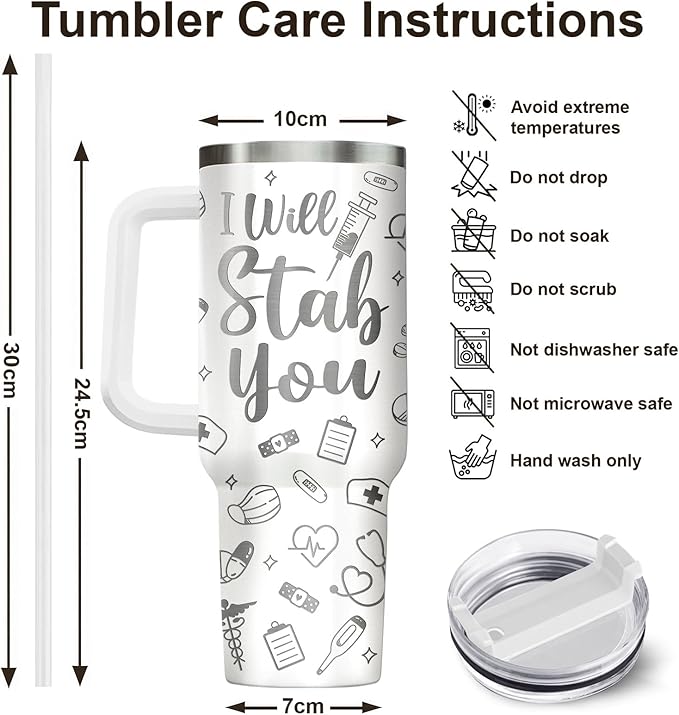 34HD Nurses Day Gifts, Engraved Nurse Tumbler with Handle and Straw 40oz, I Will Stab You Nurse Travel Cup, Funny Gifts for Healthcare Staff Coworkers Student
