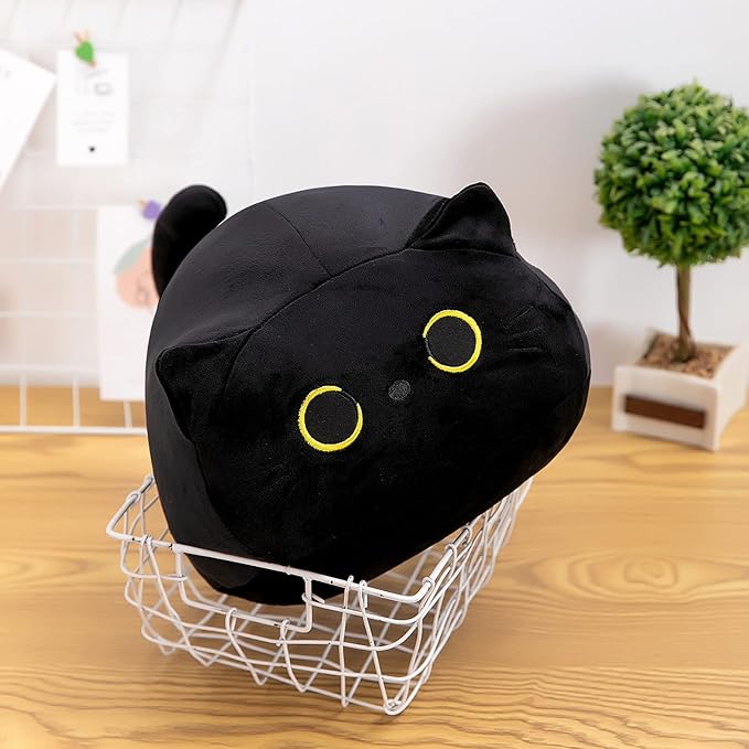 15.7" 3D Black Cat Plush Toy Pillow, Soft Kawaii Kitten Stuffed Animal Cushion