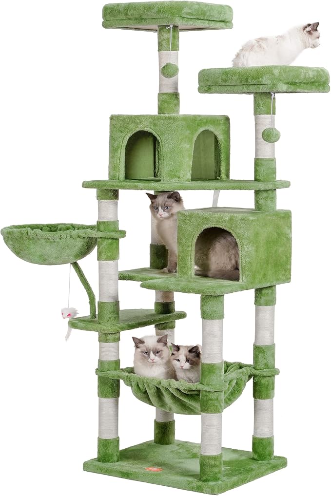 Heybly Cat Tree, 70 inches Tall Cat Tower condo with Toy for Indoor Large Cats, Cat House Furniture with Padded Plush Perch，Cozy Hammock and Sisal Scratching Posts,Green HCT032GR
