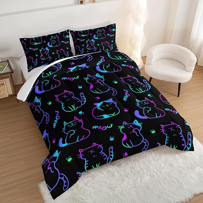 3D Neon Cat Kids Comforter Set,Gradient Line Cat Toddler Comforters Twin Size for Teens Kids Boys Girls Room Decoration,Black Kawaii Bedding Sets with 2 Pillowcases.