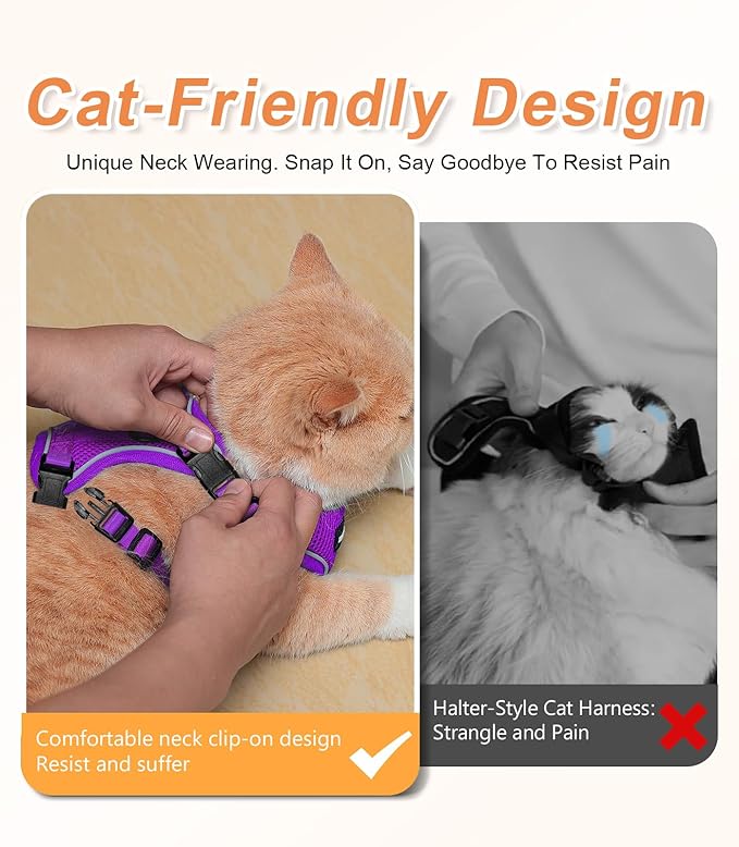 Halypet Cat Harness and Leash Set [ MAX Safety Third Generation ] Escape Proof Soft Adjustable Cat Leash Breathable Comfortable Vest Easy to Wear Kitten Harness for Outdoor Walking Purple Small