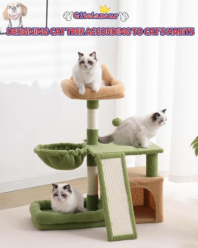 Cat Tree, Cat Tower with condo, Basket, Large Bed, Platform, Scratch Board, Cat Scratching Posts for Indoor Cats, Green and Yellow GCT002SGY