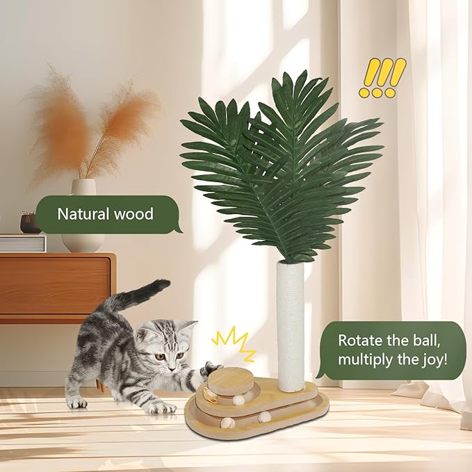 Cat Scratching Post, 23.6" Green Leaves Tall Scratching Post, 2 Layer Cat Ball Track Toy with 4 Removable Balls, Interactive Cat Toy with Natural Sisal Scratch Pole