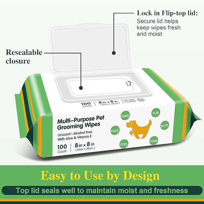 100 Unscented Extra Thick Dog Wipes for Paws and Butt Puppy Wipes for Dogs Face and Body Dog Wipes Cleaning Deodorizing Cat Wipes Cleaning Fur and Butt Doggie Wipes Doggy Wipes 8 Glove Wipes Included