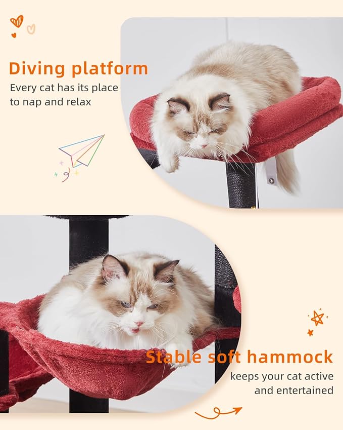 Taoqimiao Gothic Cat Tree, 39.4-Inch Cat Tower for Indoor Cats,Suitable for Kittens,Plush Cat Condo with 5 Scratching Posts, Plush Perch,2 Hammock,Pompoms, MS019BR Black and Red