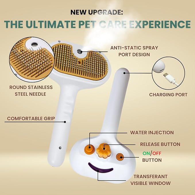 2025 Pet Grooming Brush with Spray for Cats & Dogs; Water/Mist/Steam Brush for Cat & Dog; 4in1: Self Cleaning, Anti Static Shedding Spray Comb, Hair Removal, Misting Indoor Steamy Grooming Brush