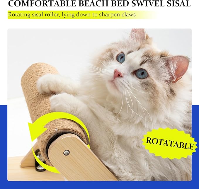 Beach Chair Cat Hammock with Scratch-Roller, Natural Solid Wood Elevated Cat Beds for Indoor Cats, Cozy Cat Lounge, XL-Wooden Beach-Sling-Chair for Kittens and Large Adult Cats, 23.6”×11.8”×7.9”