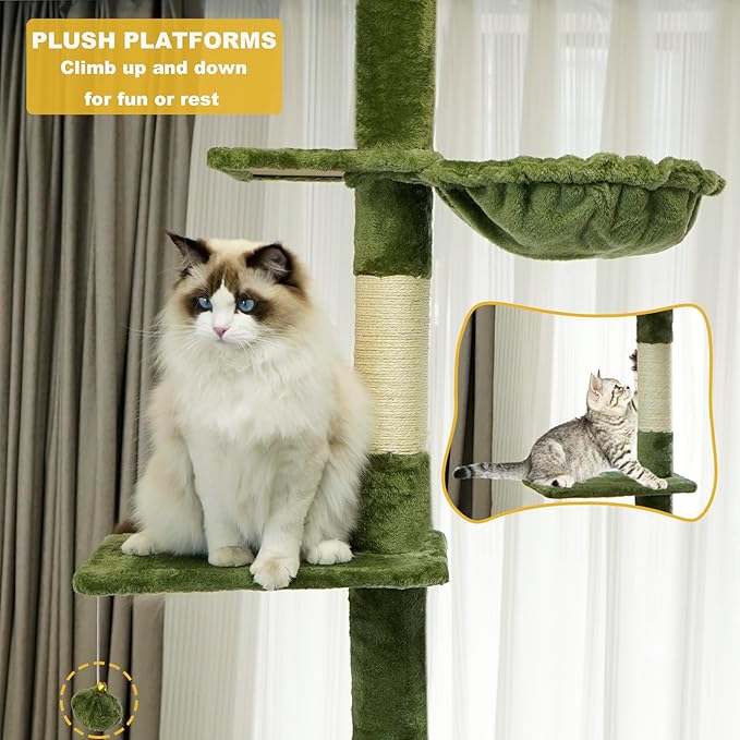 Floor to Ceiling Cat Tree, 5-Tier Height (95-109 inches) - Adjustable Cat Climbing Tower with Sisal Scratching Posts, Cat Condo, Hammock, Platforms, and Hanging Balls