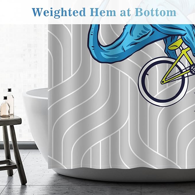 Aimego Stall Small Shower Curtain - Funny Cute Blue Dinosaur Ride A Bike Fun Dino Narrow Half Fabric Cloth Bath Shower Curtain Set for Bathroom Decor Accessories Bath Curtain, 36"x72"
