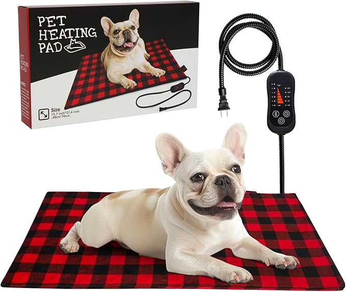 Pet Heating Pad, Adjustable Temperature Heated Dog Bed with Timer, Outdoor Waterproof Heated Pad with Anti-Chew Cord, Overheat Protection Warming Mat for Small and Medium Dogs (M:15.7"x27.6")