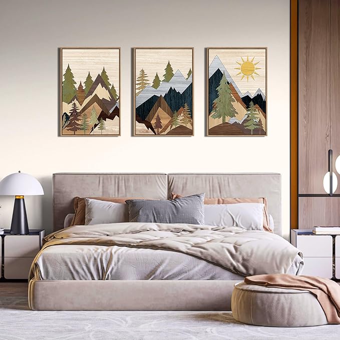 Ausril Mountain Pine Tree Framed Canvas Wall Art Set, Nature Wilderness Illustration Wall Decor, Woodcut Forest Wall Painting, Mid Century Modern Art Print for Living Room Bedroom Office 16"x24"x3