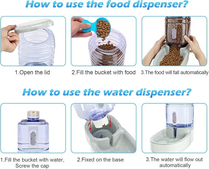 Automatic Dog Cat Feeder and Water Dispenser Gravity Food Feeder and Waterer Set with Pet Food Bowl for Small Medium Dog Puppy Kitten, Large Capacity 1 Gallon x 2(Grey)