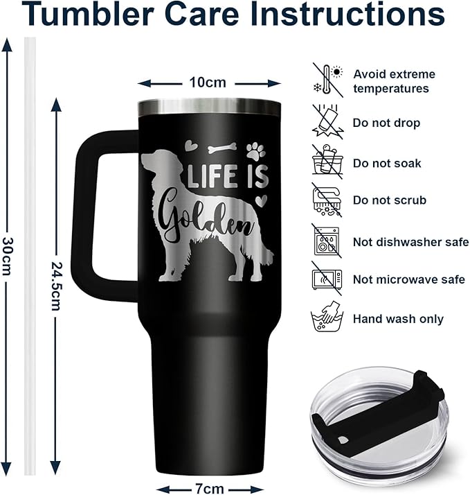 34HD Funny Golden Retriever Tumbler 40oz with Handle – Stainless Steel Insulated Dog Lover Cup – Life is Golden Travel Mug – Dog Mom Gift for Birthday, Christmas, Mother’s Day