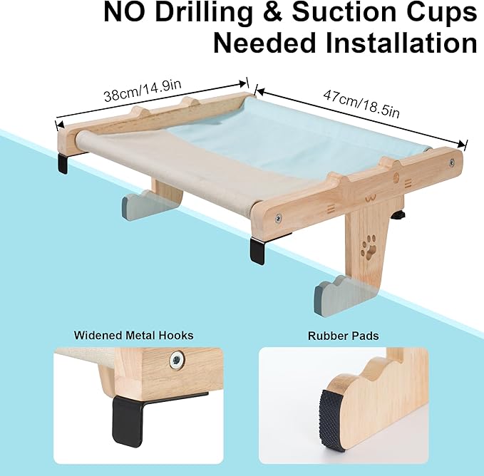 Cat Sill Window Perch Sturdy Cat Hammock Wooden Pet cat Bed Easy to Adjust Cat Bed for Windowsill Bedside Drawer Cabinet Floor (Blue with Gray)
