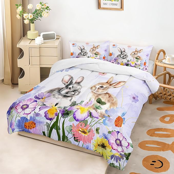 AILONEN Watercolor Comforter Set, Twin Size, Microfiber Soft Bedding Set with 3-Piece Tie Dye Rabbit Printed Home Decorative Comforter and 2 Pillowcases, Wild Flower Rabbit Themed