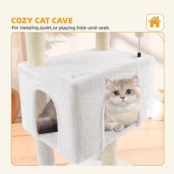 Fashion Design 43.3" Cat Trees with Cat Houses Spring Balls,Beige