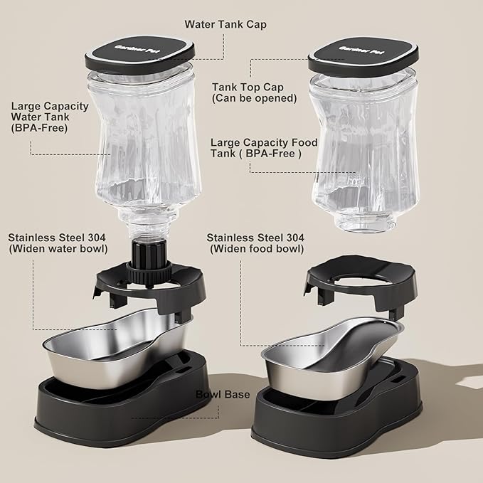 Automatic Pets Gravity Feeder and Water Dispenser Set with Stainless Steel Bowl, 1Gallon x 2 Stable Dog Food Feeder and Waterer, 100% BPA-Free for Small&Medium Dogs, Cats, Puppies(Black)