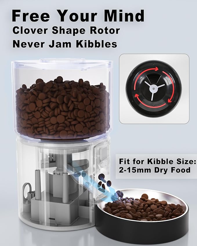 Automatic Cat Feeder Flexible Schedule Timer,6 Meals/Day,1-12 Portions/Meal,Dual Power Auto Feeder Dry Food Dispenser,10S Voice Record,for Cats & Small Dogs (Black,5.2L Stainless Steel Bowl)