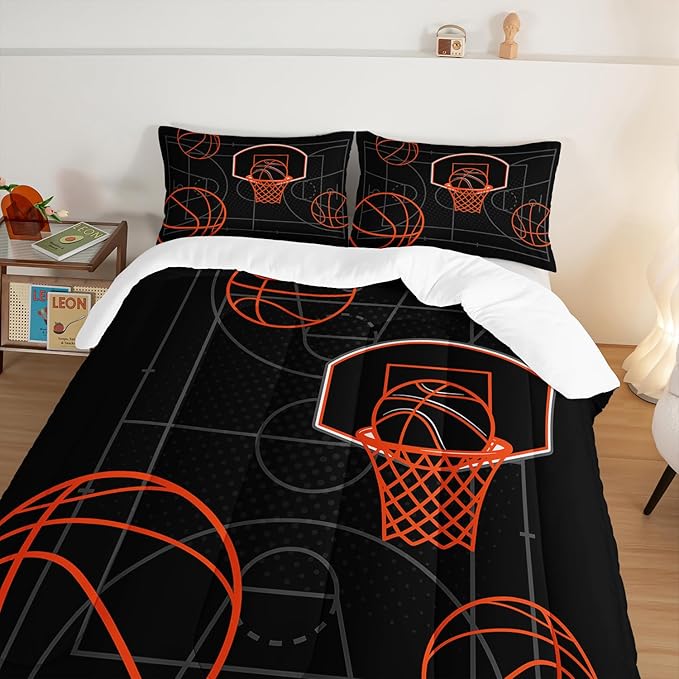 Basketball Court Print Queen Comforter Set for Boys,Ball Sports Games Bedding Set for Teens Kids Bedroom Decor,Orange Basketball Comforter Sets with 2 Pillowcases.