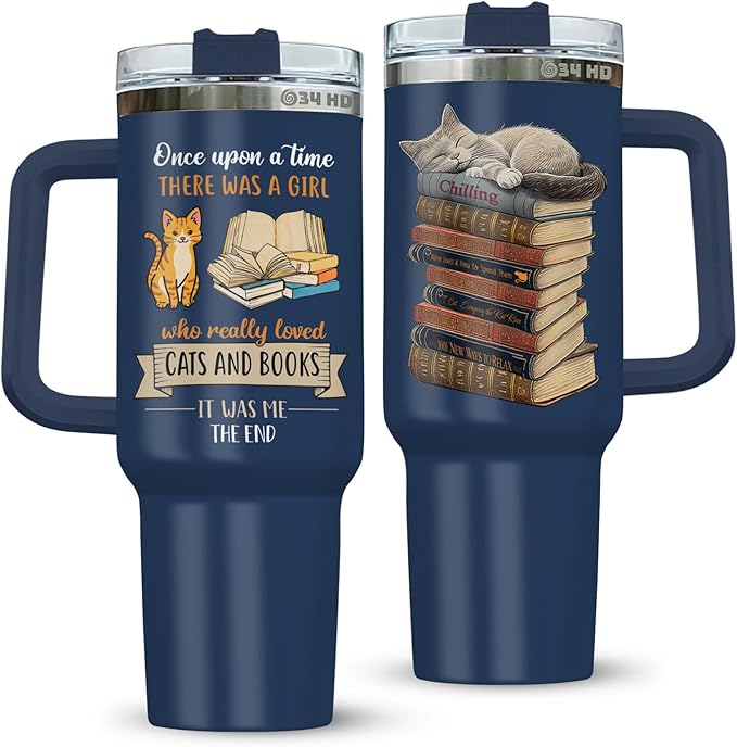 34HD Cat Coffee Tumbler with Handle & Straw, 40 oz Stainless Steel Vacuum Insulated Cat Book Travel Mug, Birthday Christmas Mothers Day Gifts for Pet Lovers Women Mom Librarian Her