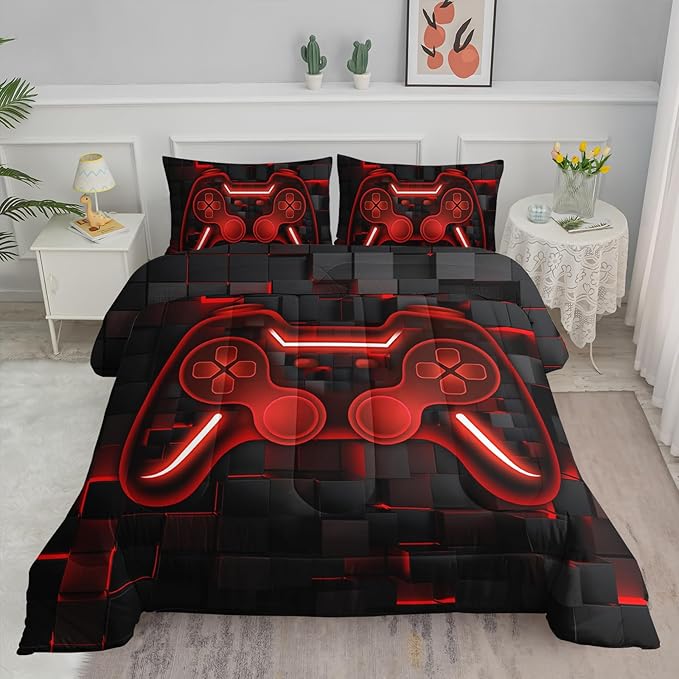 Axolotl Gamepad Comforter Set Twin Size,Red Grid Print Bedding Set,Boys Gaming Console Comforter Set,Video Gaming Controller Bedding Set for Teens Men Adults,1 Quilt 2 Pillowcases,Red Black