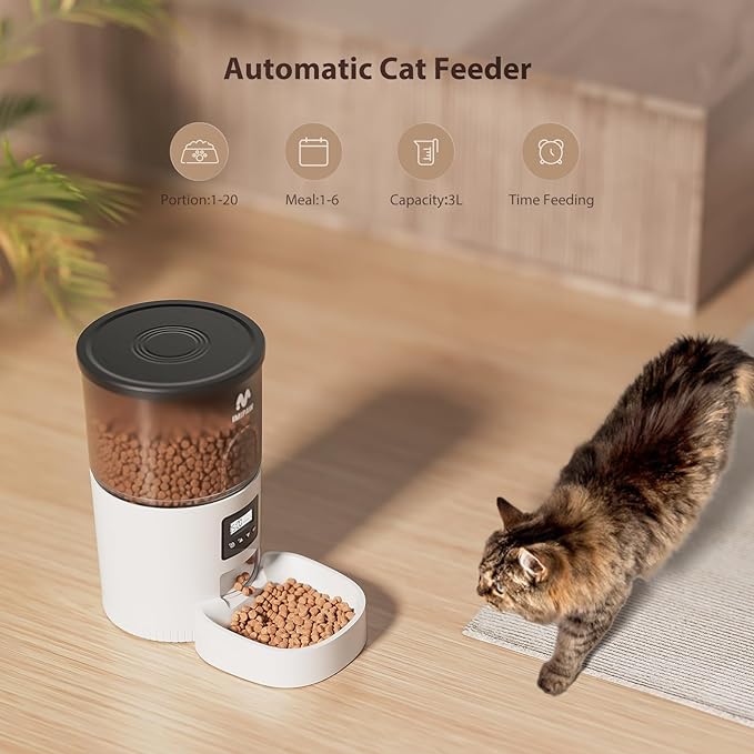 Automatic Cat Feeder and Water Fountain, Timed Pet Dry Food Dispenser, Programmable Portion Control, 1-6 Meals Per Day, Cat Fountains for Drinking with Filter, Small Pets (3L Combo)
