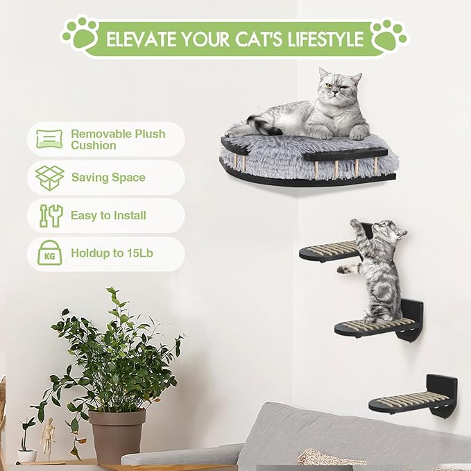 Cat Wall Furniture Set with Plush Cushion, Cat Hammock Cat Wall Shelves with 3 Cat Wall Steps, Cat Shelves and Perches for Wall Climbing Shelves for Indoor, Black Indoor Cat Shelves Wall Mount