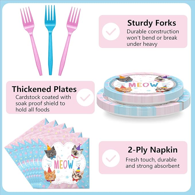 96PCS Cat Party Decorations Kitten Birthday Tableware Cat Paper Plates Meow Plates Napkins Dinnerware for Pet Kitten Baby Shower Party Supplies, Serves 24