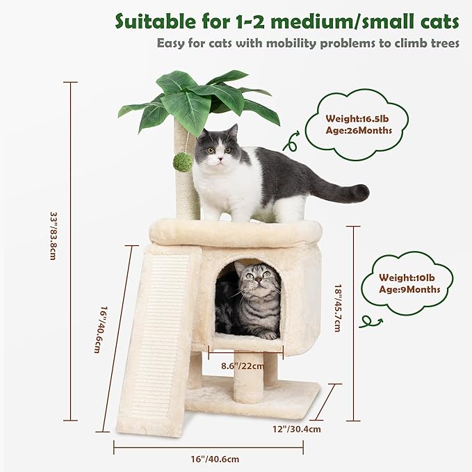 Cat Scratching Post 33'' Cat Tree Indoor Palm Tree Large Cat Perch with Scratching Posts Cat Scratch Tree with Natural Sisal Ball Furniture Suitable for Adult Cats and Kittens