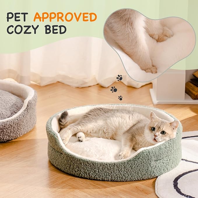 Mewoo Cat Beds for Indoor Cats - Round Dog Beds for Small Dogs, Washable Pet Bed for Kitten and Puppy with Non-Slip Bottom (Sage Green, 23.0" L X 23.0" W X 7.0" Th)