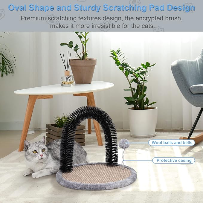 Cat Scratching Post with Cat Arch,Cat Self Groomer Massager Hair Brush Cat Scratcher Toys Fur Grooming Toy with Interactive Balls for Indoor Cats- Reversible Design