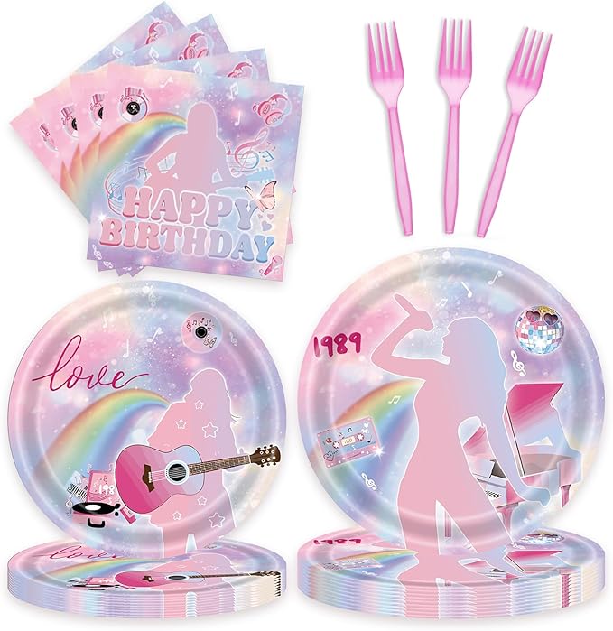 96 Pcs Birthday Plates and Napkins Party Supplies - Disposable Forks Paper Dessert Tableware Guitar Cartoon Decorations Table Dinnerware Favors Set, Serves 24(Guitar)