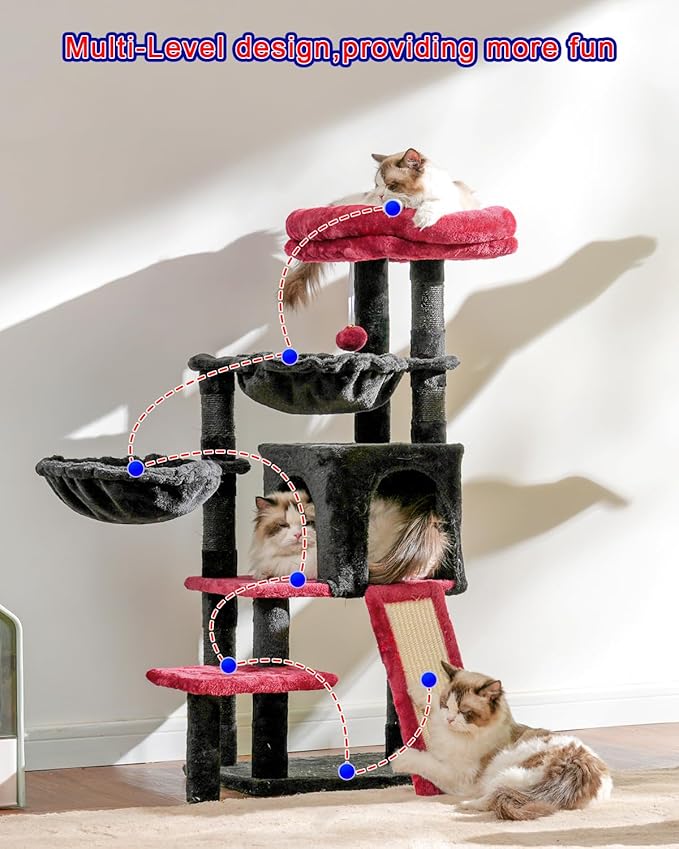 Gothic Cat Tree, Halloween Cat Tower with condo, 2 Baskets, Large Platform, Scratch Board, Cat Scratching Posts for Indoor Cats, Black and red GCT003SBR