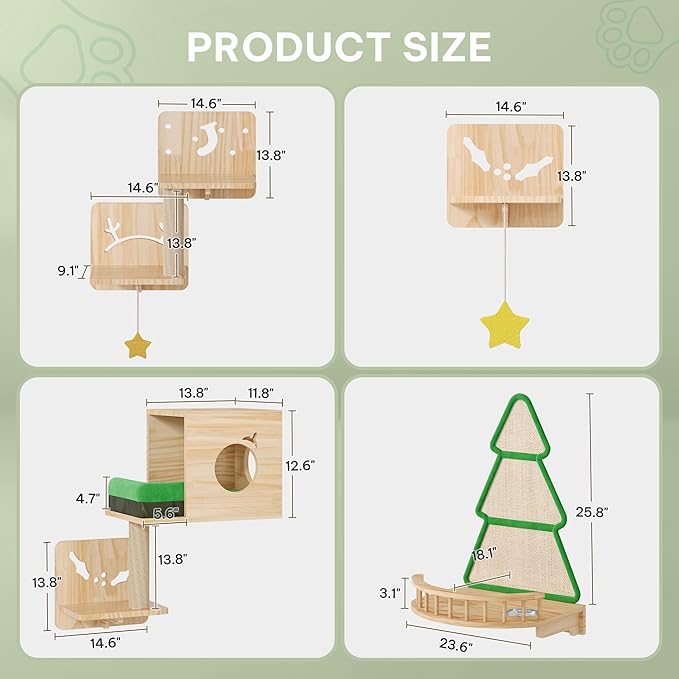 YITAHOME Christmas Solid Wood Cat Wall Shelves and Perches for Wall, Pine Wall Mounted Cat Tree 13 Piece Set, Cat Climbing Shelves with House, Mat, Christmas Tree Scratcher, Feeding Bowl for Cats