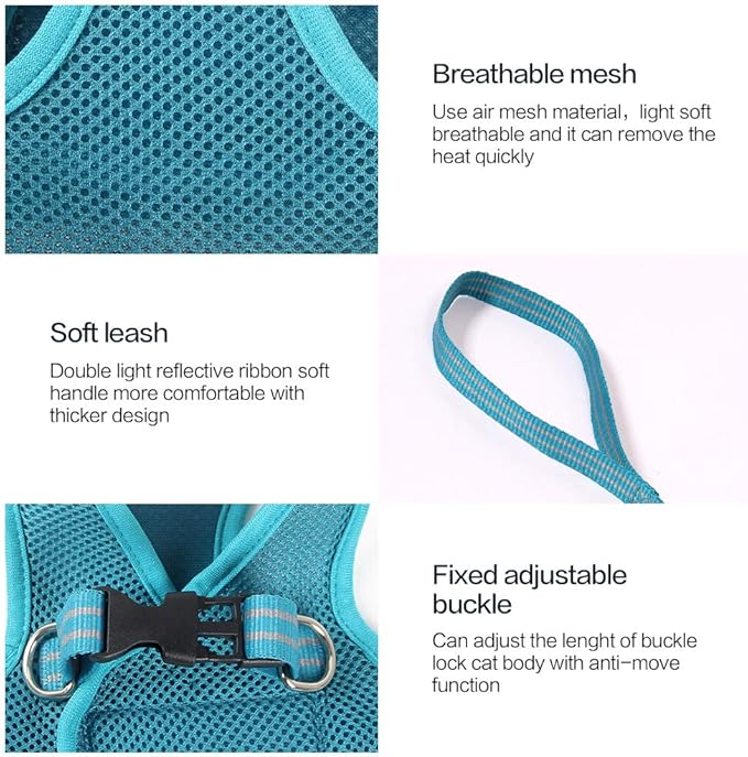 Heywean Cat Harness and Leash - Ultra Light Escape Proof Kitten Collar Cat Walking Jacket with Running Cushioning Soft and Comfortable Suitable for Puppies Rabbits (S, Turquoise)