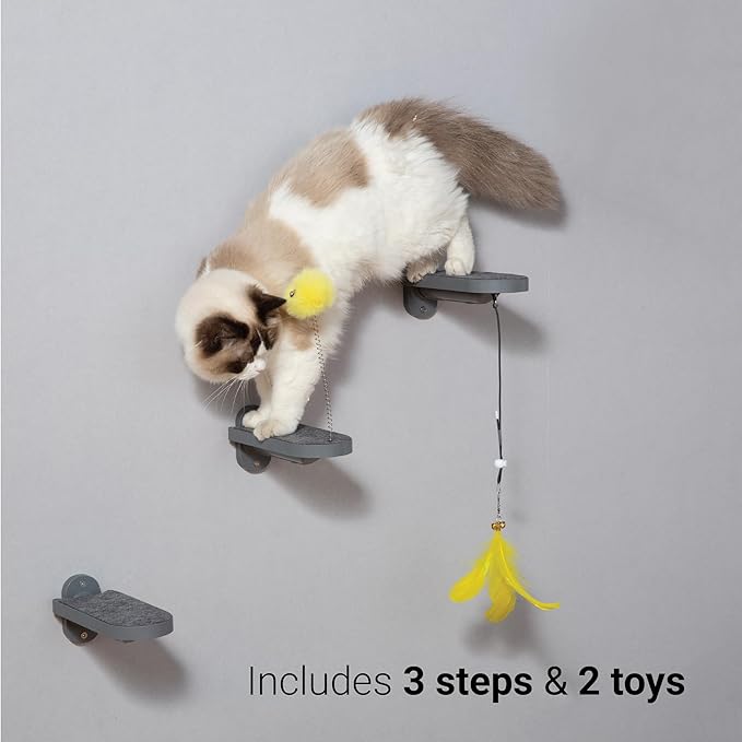 SVD.PET (3-Pack Cat Wall Steps, Cat Climbing Stairs with Replaceable Felt Pad, Cat Climbing Shelves for Wall Mounted with Cat Toy, Cat Wall Furniture (Dark Grey)